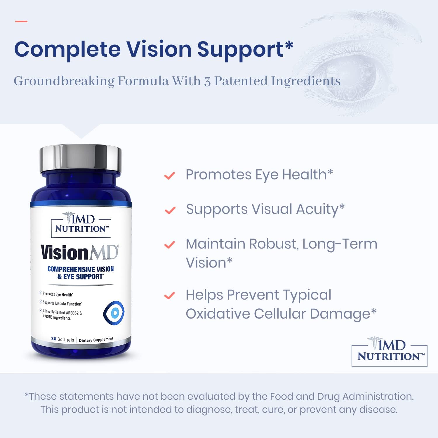 1MD Nutrition VisionMD Eye Vitamin CARMIS - with Lutein & Zeaxanthin | Supports Vision Health, Everyday Eye Strain, & Occasional Dry Eye | 90 Softgels (3-Pack)