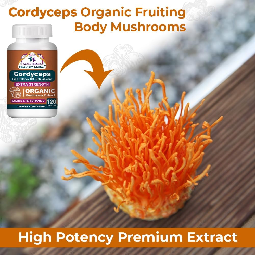Cancer Sciences Cordyceps Mushroom Supplement Capsules - 1,500mg Organic Mushroom Complex for Wellness, High Potency 40% Beta-Glucans, Immune Support Supplement for Energy & Stamina Booster, 120 Count