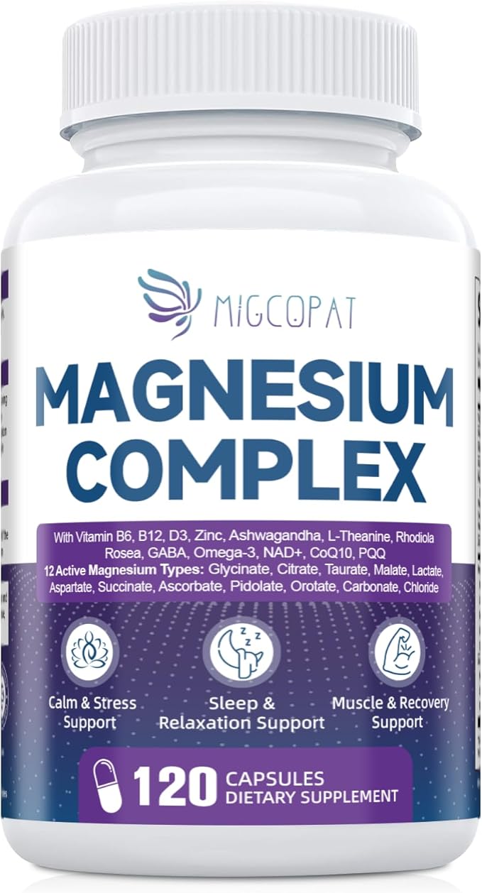 Magnesium Complex w/Magnesium Glycinate, Malate, Citrate | 24-in-1 Magnesium Supplement w/Ashwagandha, L-Theanine & NAD+ | Supports Calm, Energy, Muscle & Sleep | Non-GMO, 120 Vegan Caps
