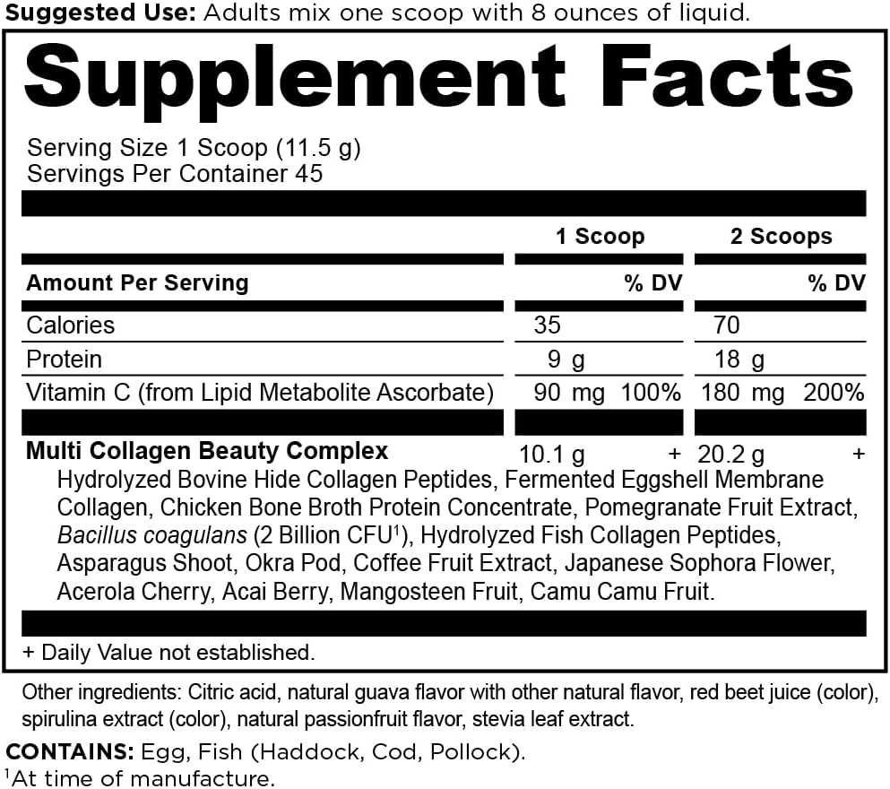 Ancient Nutrition Collagen Powder Protein, Multi Collagen Protein Beauty Within, Guava Passionfruit, with Vitamin C, Hydrolyzed Collagen Peptides Supports Healthy Skin and Nails, 18.3oz