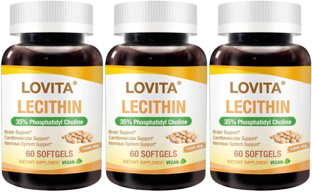 Lovita Lecithin, 1000mg per Softgel, 35% Phosphatidyl Choline | Lactation, Brain & Nerve Support | Vegan, Non-GMO, 60 Softgels (Pack of 3)