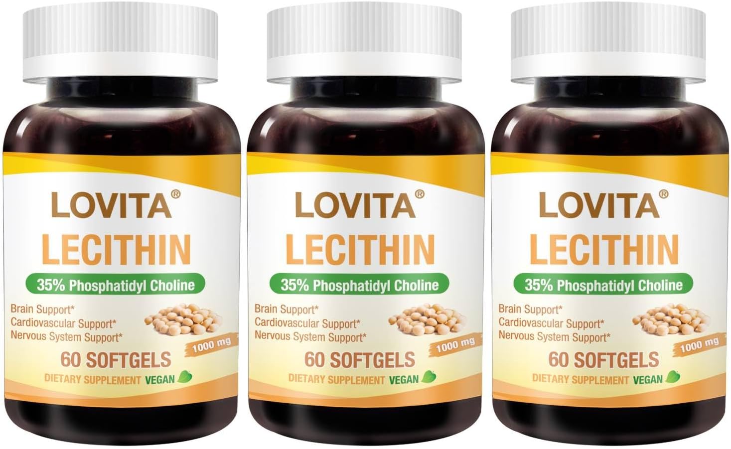 Lovita Lecithin, 1000mg per Softgel, 35% Phosphatidyl Choline | Lactation, Brain & Nerve Support | Vegan, Non-GMO, 60 Softgels (Pack of 3)