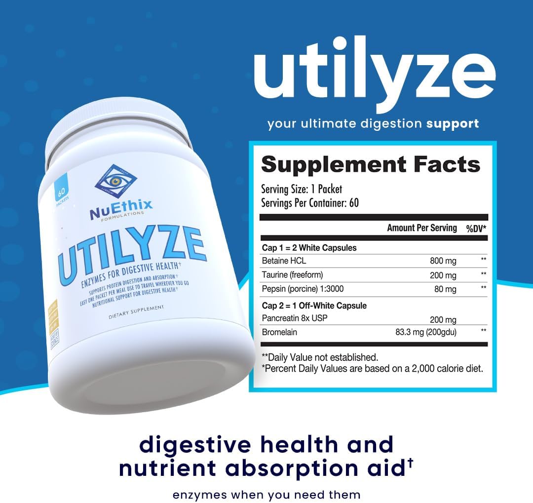 NuEthix Formulations Utilyze Enzymes for Digestive Wellness, Dietary Supplement for Nutrient Absorption, 60 Travel Packets