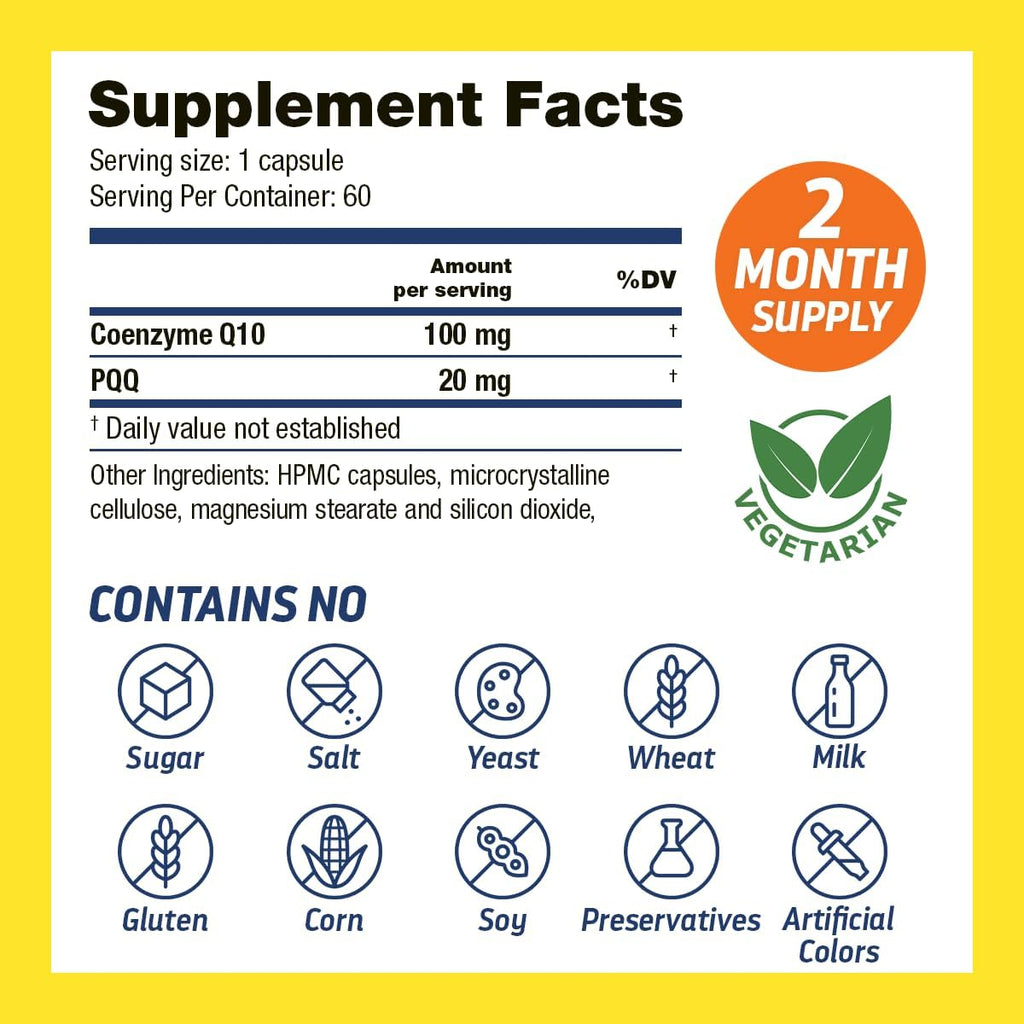 PQQ CoQ10 - PQQ 20mg With CoQ10 100mg, PQQ Supplement With Coenzyme Q10 Supplement Supports Brain Health, 60 Veggie Caps - 1 Capsule per Serving