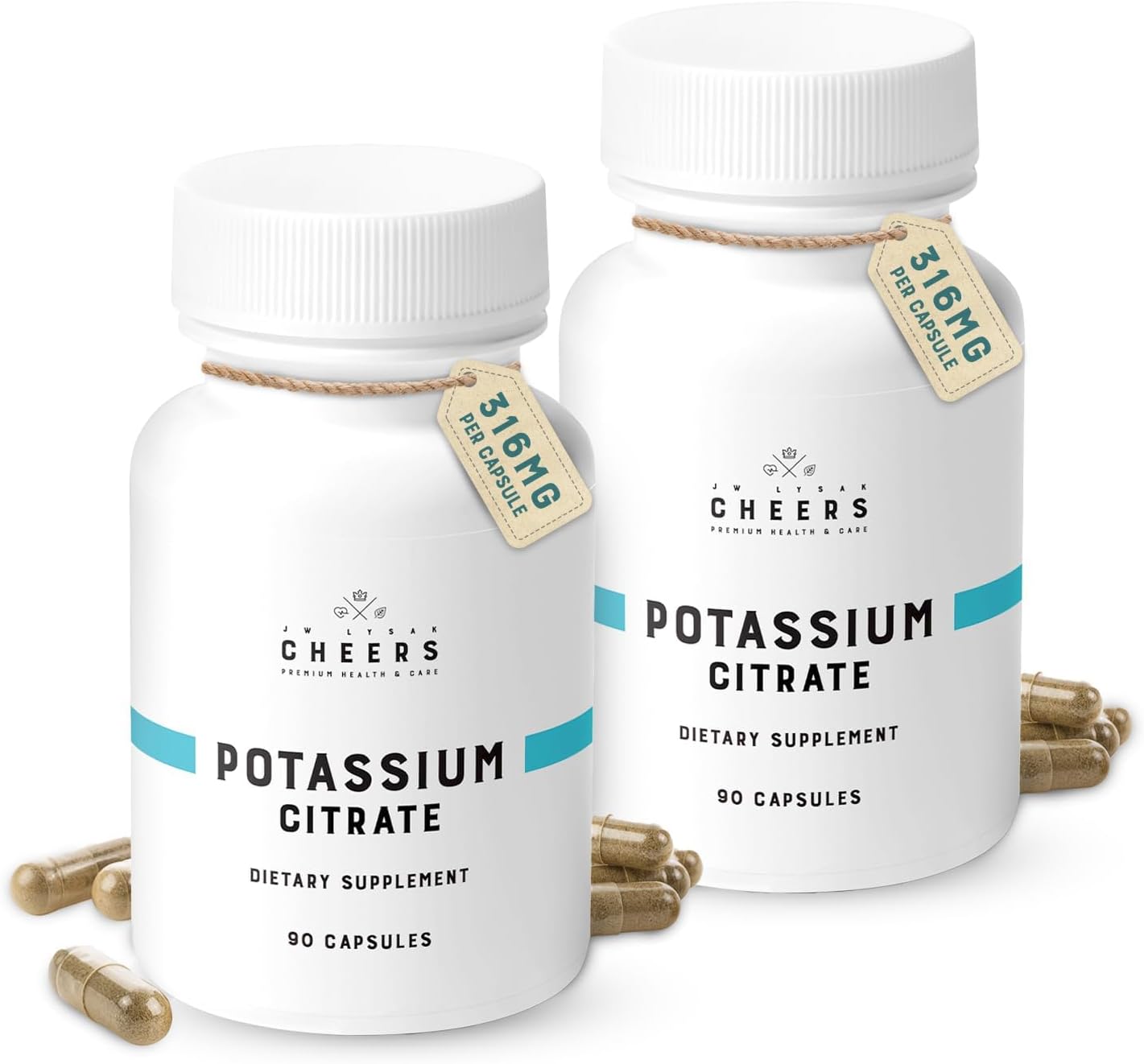 Cheers Potassium Citrate, 20% Daily Value, 316 mg per Capsule, 90 Capsules, Vegan Potassium Supplement for Adults, Natural Mineral Electrolyte - Pack of 2