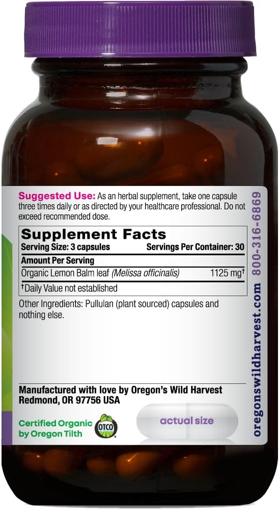 Oregon's Wild Harvest, Certified Organic Lemon Balm, Herbal Supplement Vegan Supplement, 1125 MGS, 90 Count…