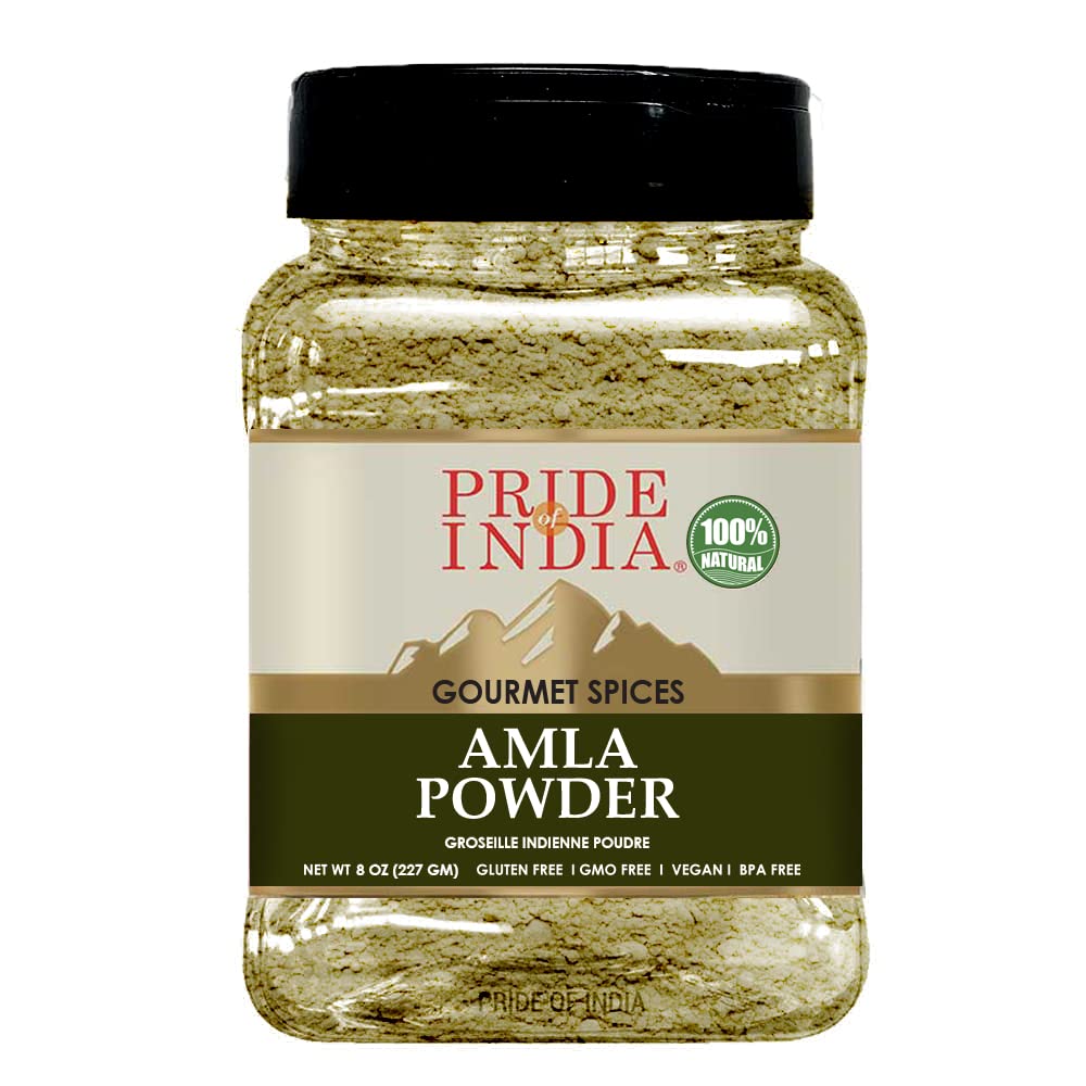 Pride of India – Amla Powder – Gourmet Spice – Tangy & Savory – Pure Indian Gooseberry Ground – Antioxidant Rich – GMO/Gluten Free – Easy to Use – 7 oz. Medium Dual Sifter Jar