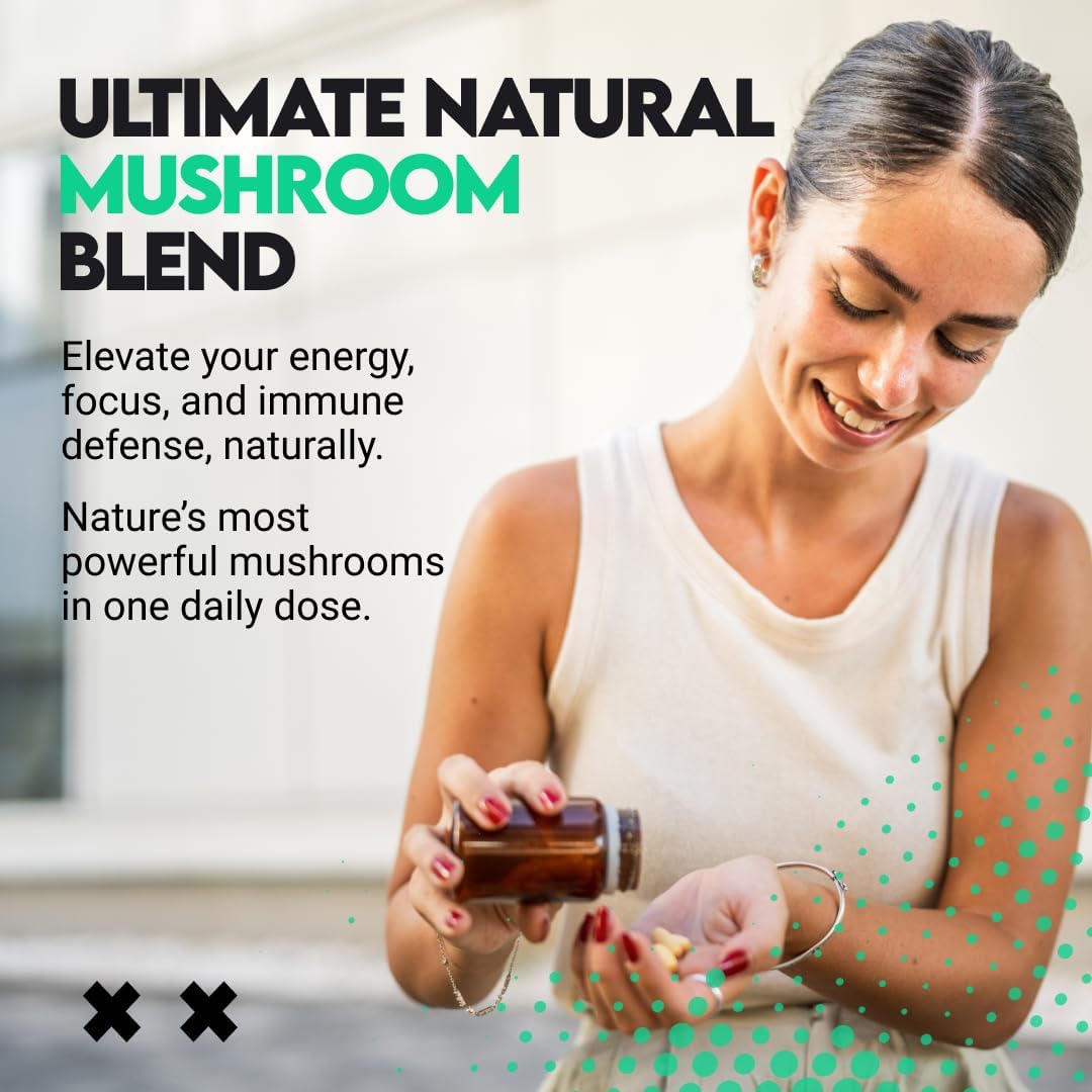 UTOYA Natural Mushroom Blend Supplements - Lions Mane Supplement Capsules with Reishi, Cordyceps, More for Calm, Focus and Wellness - Non-GMO Vegan/Gluten Free Multi Mushroom Supplement - 90 Capsules