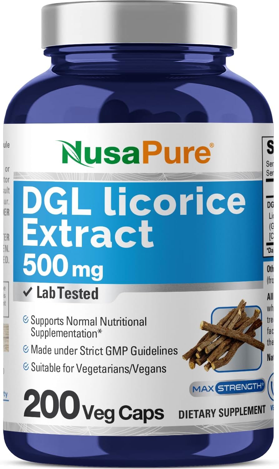 NusaPure DGL Licorice Extract 500 mg 200 Veggie Capsules (Vegan,Non-GMO)