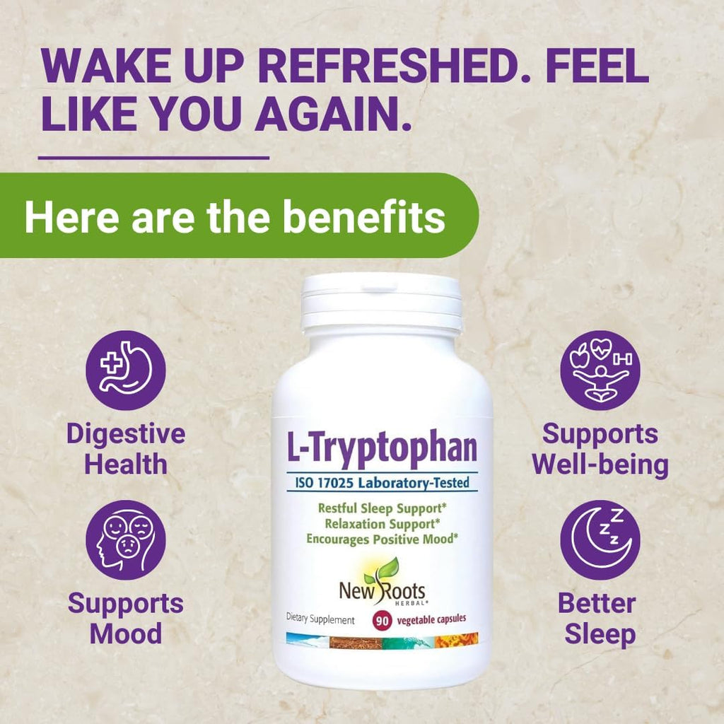 NEW ROOTS HERBAL L-Tryptophan Supplement for Sleep (90 Capsules) 220mg, Herbal Supplement for Healthy Sleep, Mood and Stress Response Support – Gluten-Free, Non-GMO