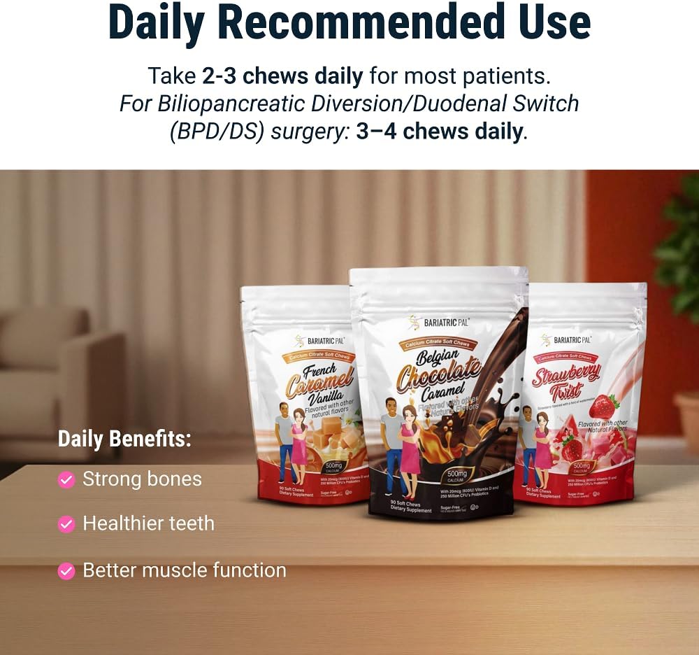 BariatricPal Sugar-Free Calcium Citrate Soft Chews | 500mg with Vitamin D & Probiotics | Orange Creamsicle | 90 Count (1 Month Supply)
