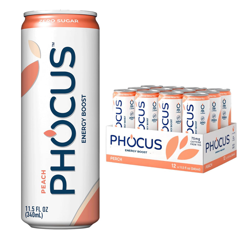 PHOCUS Caffeinated Sparkling Water, Peach, 75mg Natural Caffeine Plus L-Theanine, Zero Sugar, Zero Calories, No Artificial Sweeteners, 11.5 fl oz Cans (Pack of 12)