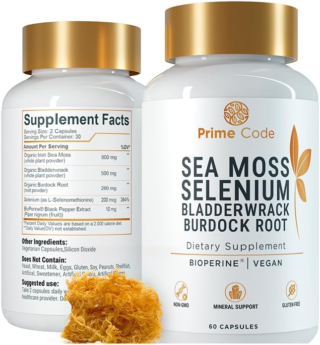 Prime Code Sea Moss Capsules with Selenium, Bladderwrack & Burdock Root – BioPerine® Enhanced Absorption – Vegan Daily Supplement for Immune, Skin, Gut & Energy Support – Pure Formula, No Sugar