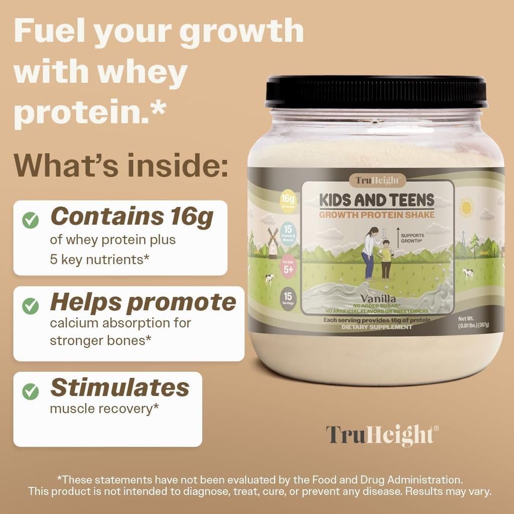 TruHeight Growth Protein Shake (Vanilla Ice Cream Flavor, Whey) Growth & Development Protein Powder for Kids & Teens - Weight Gain Drinks - Endorsed by Pediatricians, Picky Eater Vitamin, Ages 4+