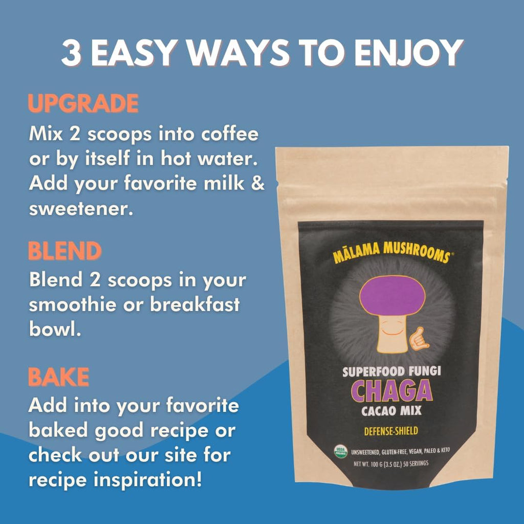 Malama Organic Mushroom Hot Cacao Mix, Chaga Mushroom Powder with Fair Trade Cacao for Immune & Antioxidant Support – Vegan Supplement & Superfood, Non GMO, 3.5 oz (50 Servings)