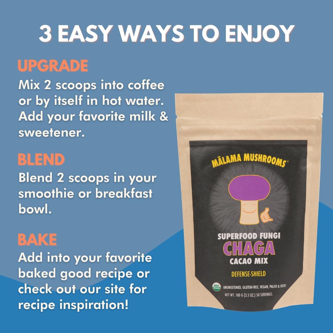 Malama Organic Mushroom Hot Cacao Mix, Chaga Mushroom Powder with Fair Trade Cacao for Immune & Antioxidant Support – Vegan Supplement & Superfood, Non GMO, 3.5 oz (50 Servings)