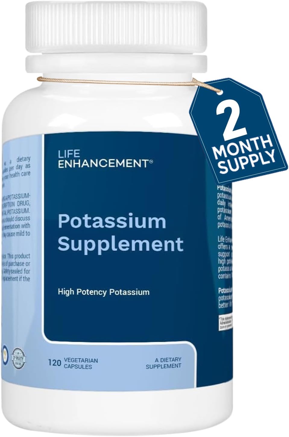 Life Enhancement High Absorption Potassium Supplement for Muscle, Brain & Bone Health - No Additives High Potency Elemental Potassium Supplement, Made in USA (120 Capsules – 60 Servings)