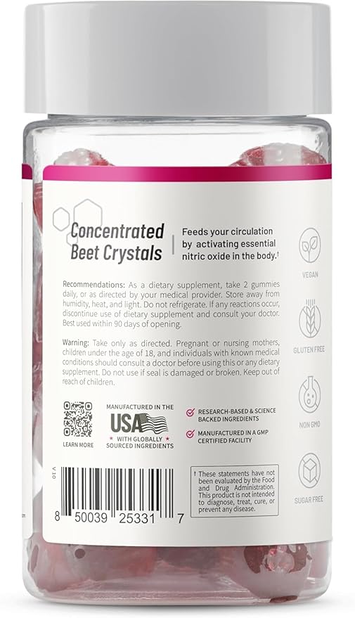 Snap Supplements Nitric Oxide Beet Root Gummies – Beet Root Supplement with Pomegranate Powder Supports Healthy Circulation & Natural Energy, 60 Sugar-Free Gummies (1 Month Supply), Cherry