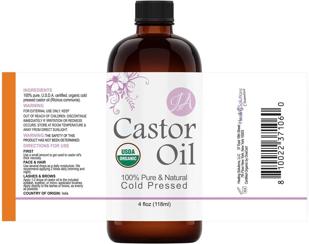 Healing Solutions Oils - 4 oz Castor Oil Organic Pure Natural, Cold Pressed, Hexane & Chemical Free Natural Solution, Lash Serum, Stimulates Growth For Hair, Eyelash, Eyebrows, Scalp & Beard - 118ml