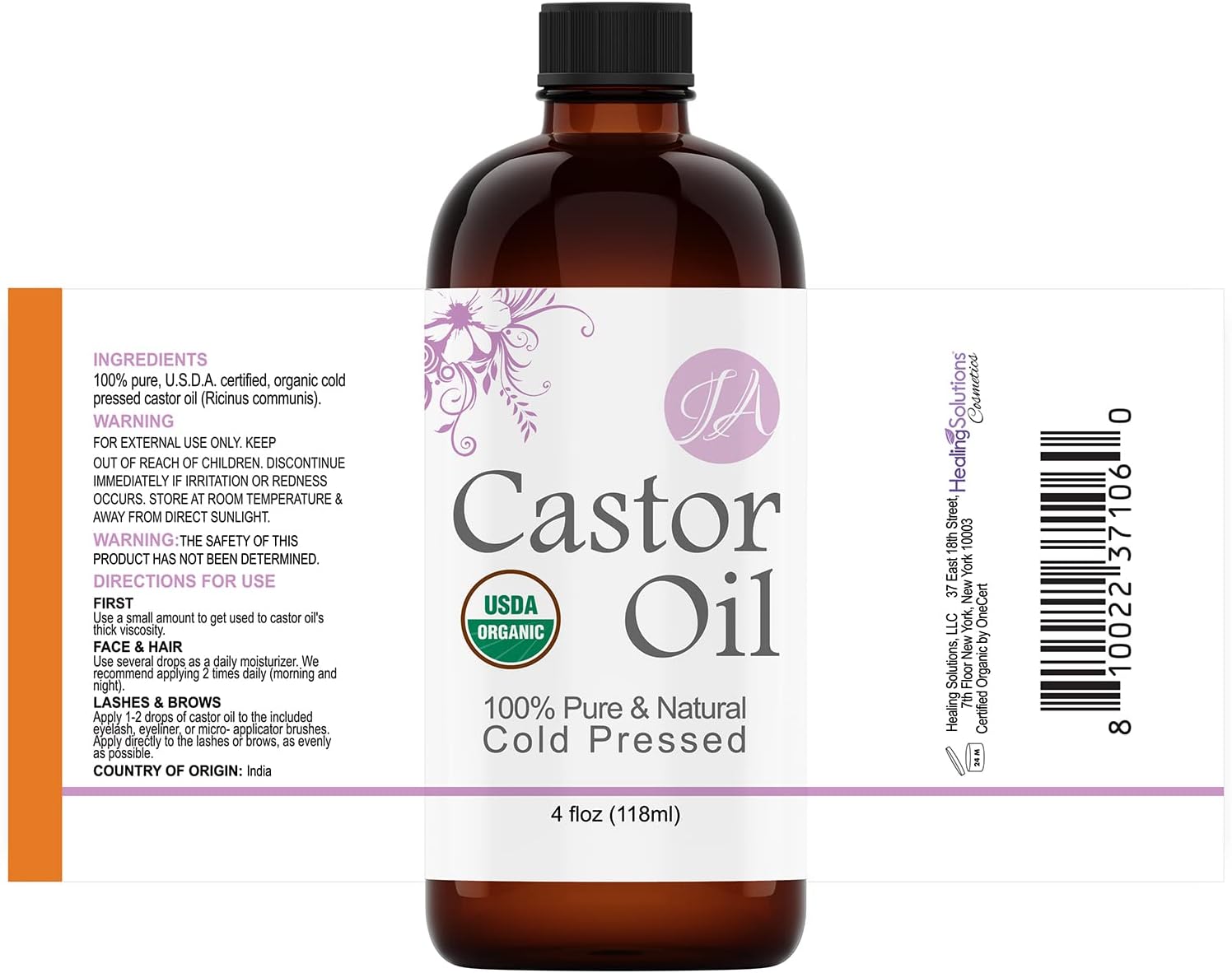 Healing Solutions Oils - 4 oz Castor Oil Organic Pure Natural, Cold Pressed, Hexane & Chemical Free Natural Solution, Lash Serum, Stimulates Growth For Hair, Eyelash, Eyebrows, Scalp & Beard - 118ml