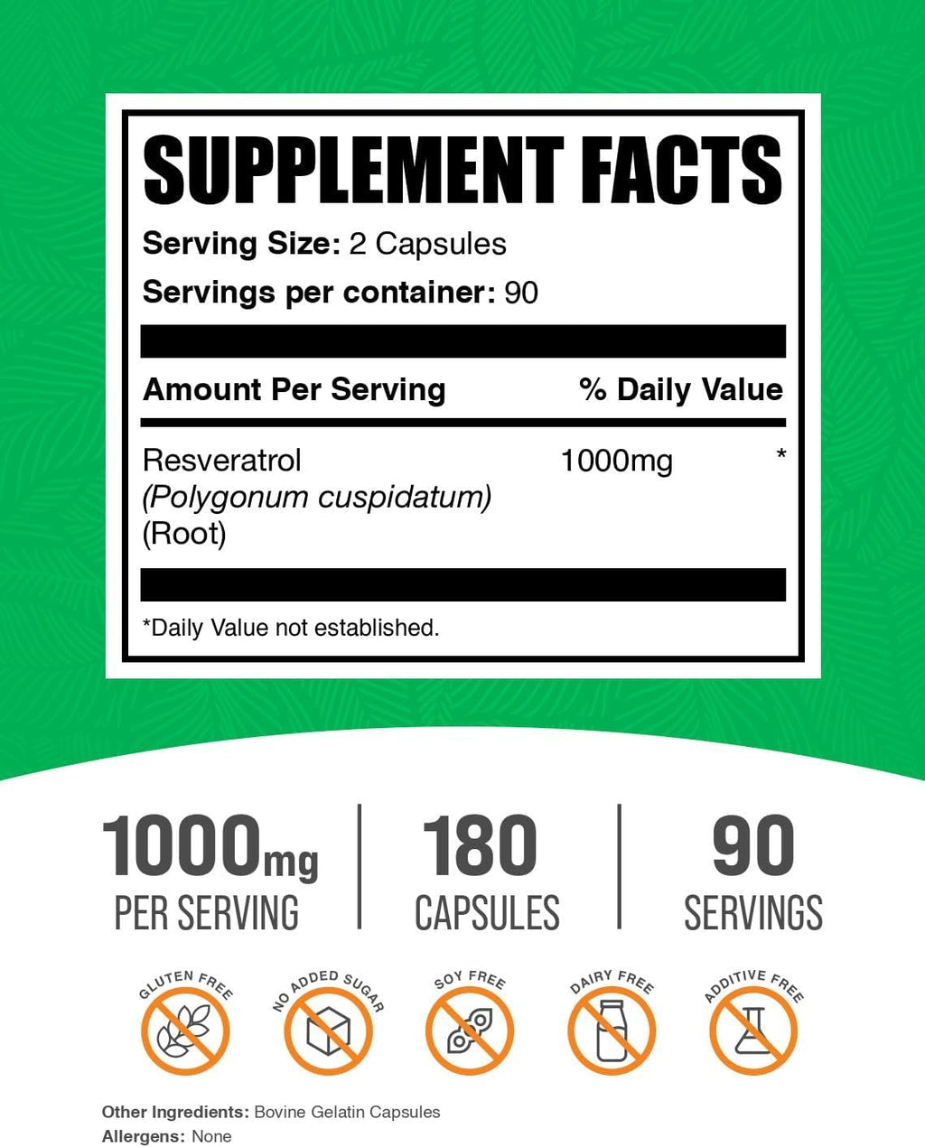 BulkSupplements.com Resveratrol Capsules - Resveratrol Supplement, Antioxidants Supplement, Resveratrol 1000mg - Gluten Free, 2 Capsules per Serving, 180 Count (Pack of 1)