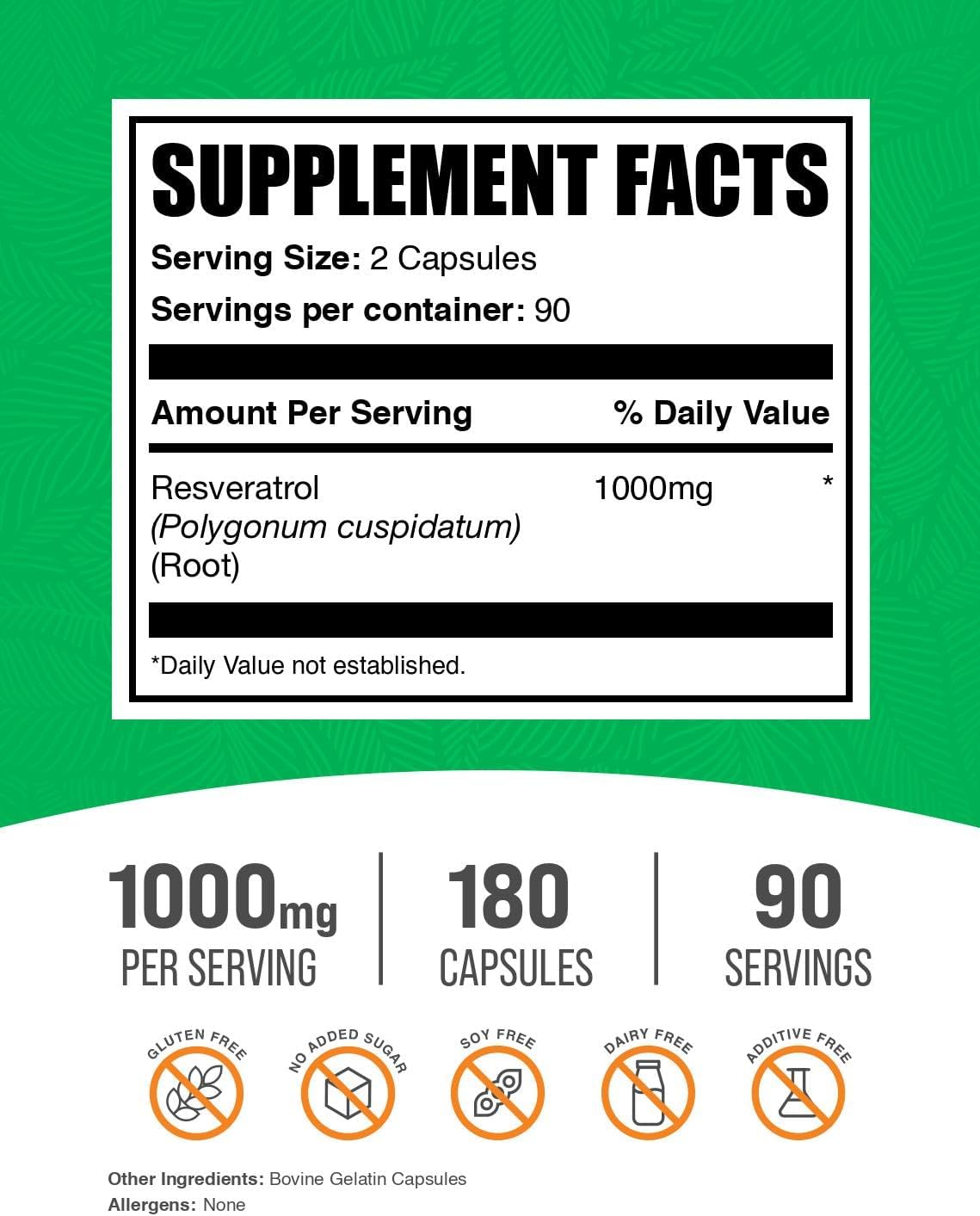 BulkSupplements.com Resveratrol Capsules - Resveratrol Supplement, Antioxidants Supplement, Resveratrol 1000mg - Gluten Free, 2 Capsules per Serving, 180 Count (Pack of 1)