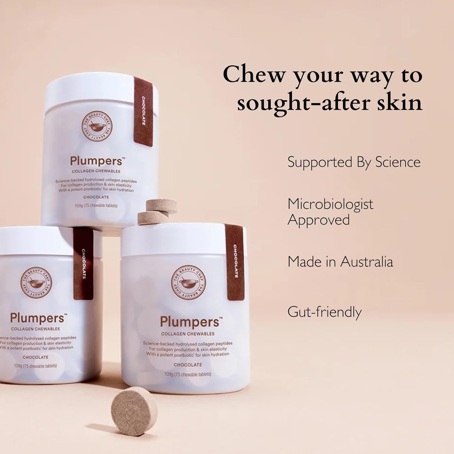 The Beauty Chef Plumpers™ Collagen Chewable Tablets with Hyaluronic Acid & Postbiotic, Supports Skin Elasticity & Collagen, Women's Multivitamin, Collagen Peptides, 75 Tablets (Chocolate)