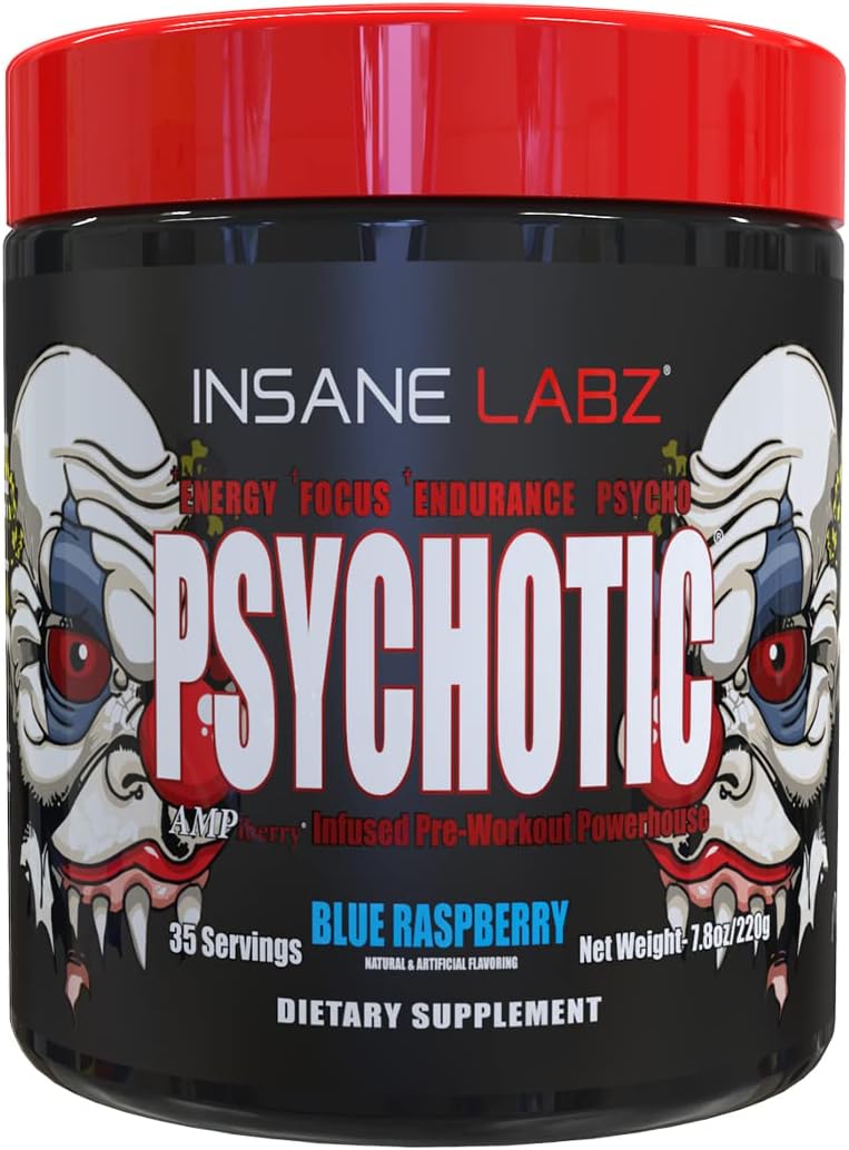 Insane Labz Psychotic, High Stimulant Pre Workout Powder, Extreme Lasting Energy, Focus and Endurance with Beta Alanine, Creatine Monohydrate DMAE, 35 Srvgs (Blue Raspberry)