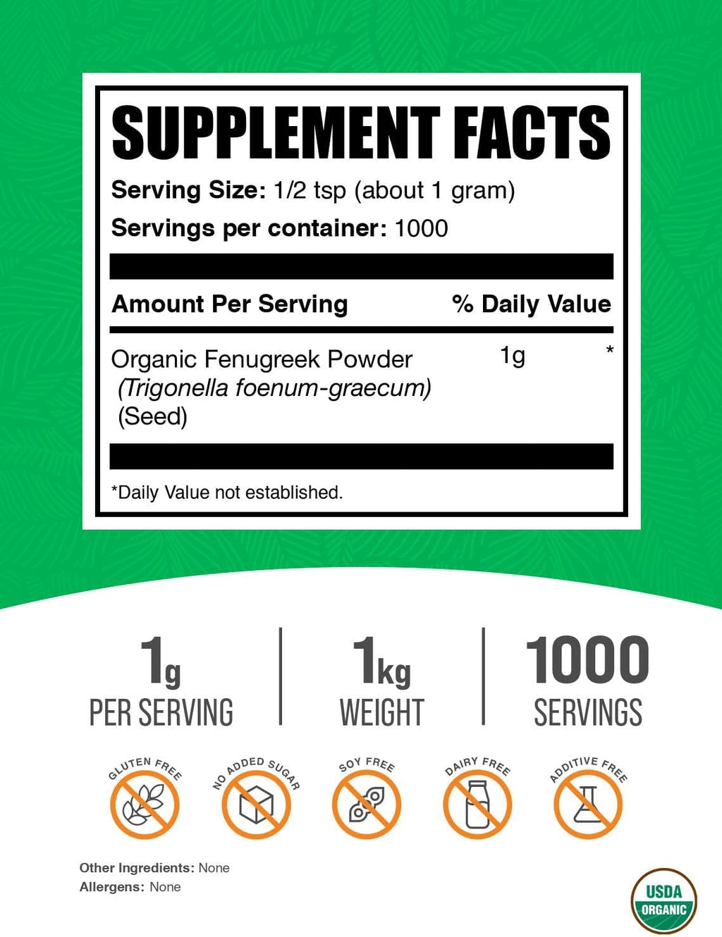 BulkSupplements.com Organic Fenugreek Powder - from Organic Fenugreek Seeds, Trigonella foenum-graecum - Gluten Free, 1g per Serving, 1kg (2.2 lbs) (Pack of 1)