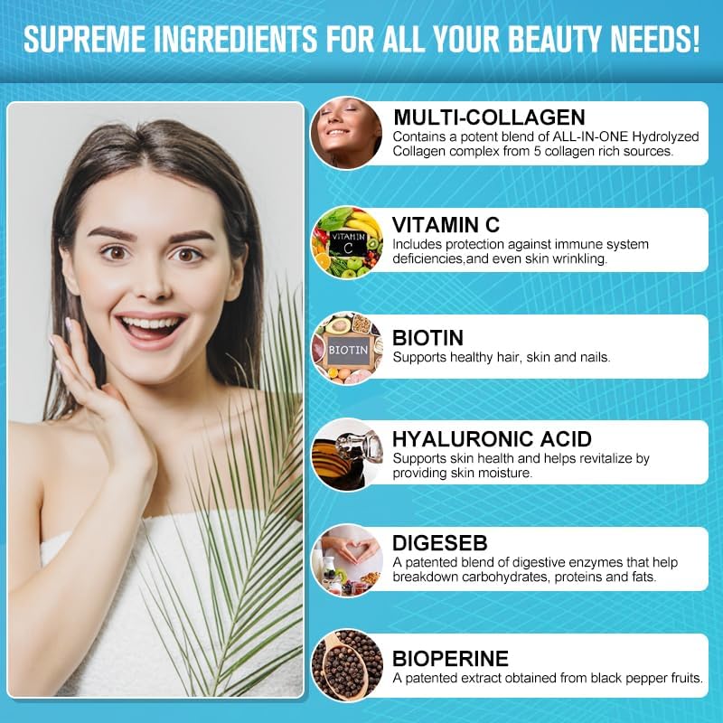 Multi-Collagen Complex + Biotin + Vitamin C – Types I, II, III, V & X – Natural Supplement for Hair, Skin, Nails & Joint Support – 120 Capsules, 60 Day Supply