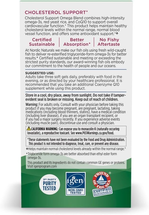 Nordic Naturals Cholesterol Support, Lemon - 60 Soft Gels - 975 Omega-3 + Red Yeast Rice & CoQ10 - Normal Cholesterol, Antioxidant Support - EPA & DHA - Non-GMO - 20 Servings