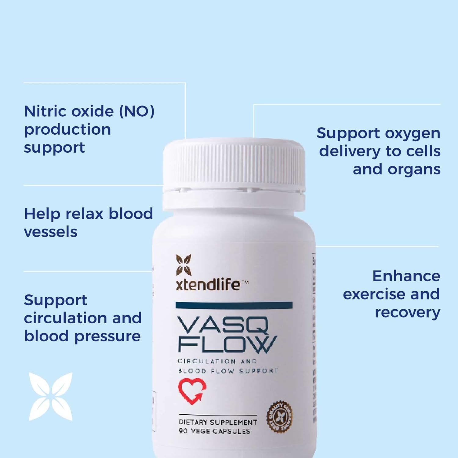 Xtendlife VasQFlow Natural Nitric Oxide Booster Supplement - Circulation & Blood Flow Support with Red Spinach Extract & Aged Garlic - Energy, Heart Health, Muscle Support - 1 Month Supply (90 Count)