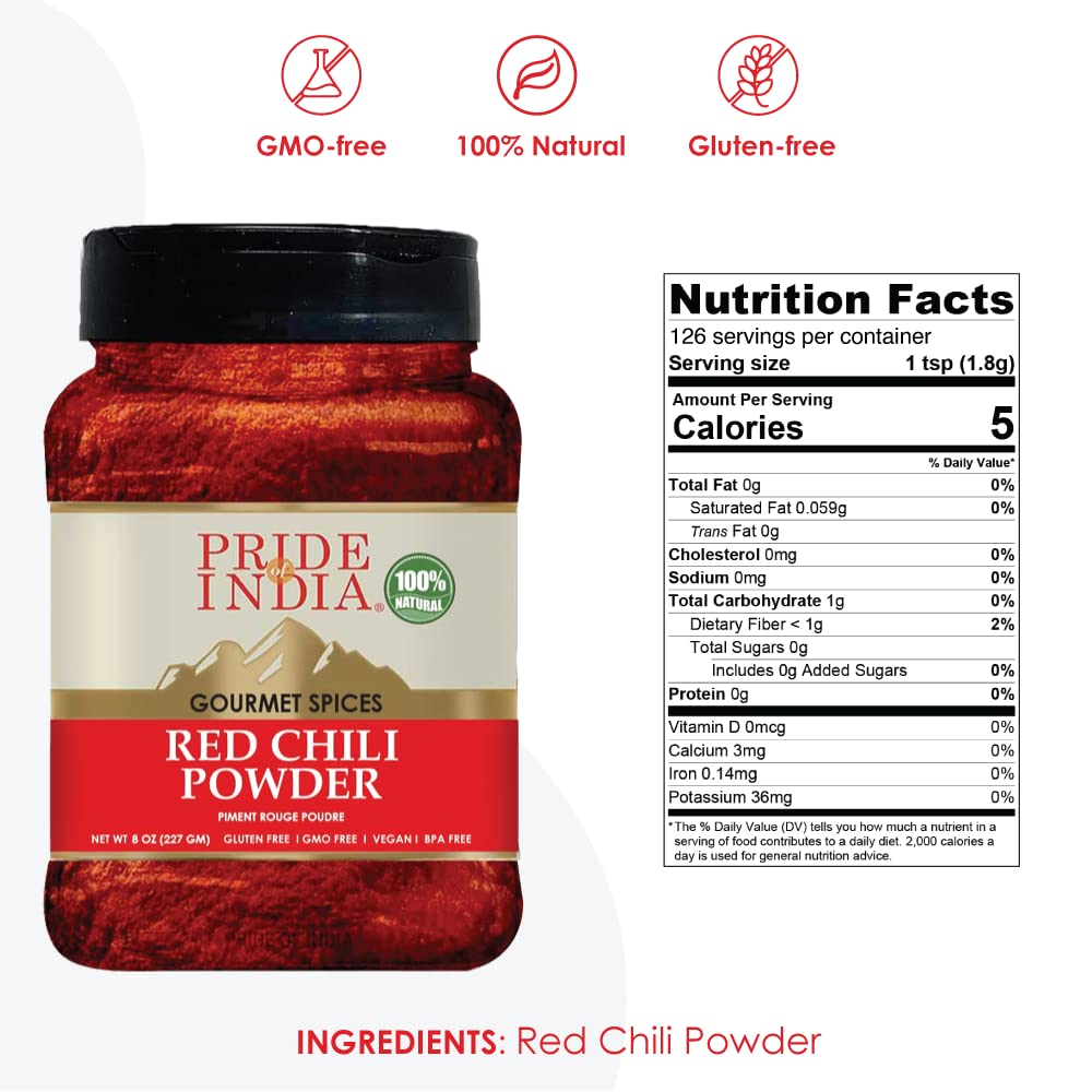 Pride Of India – Red Chili Ground – Traditional Indian Spice – Ideal for Gourmet & Savory Dishes Dishes – GMO/Gluten Free – Easy to Store - 8oz. Medium Dual Sifter Jar