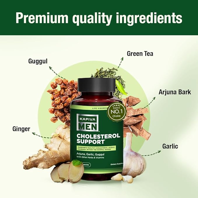 Kapiva Cholesterol Lowering & Heart Health Supplement | Plant Sterols, Niacin, Arjuna, Garlic & Guggul | Natural Herbal Vitamins for Healthy Cholesterol Support | 60 Capsules