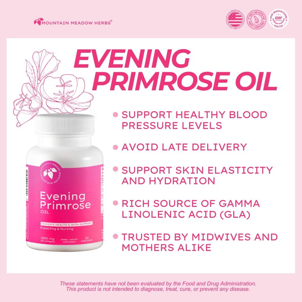 Mountain Meadow Herbs Evening Primrose Oil 1,000mg – Omega-6 Fatty Acids for Women’s Health, Supports Clear Skin & Hormonal Balance, Gluten-Free, Easy-to-Take Softgels (30 Count)