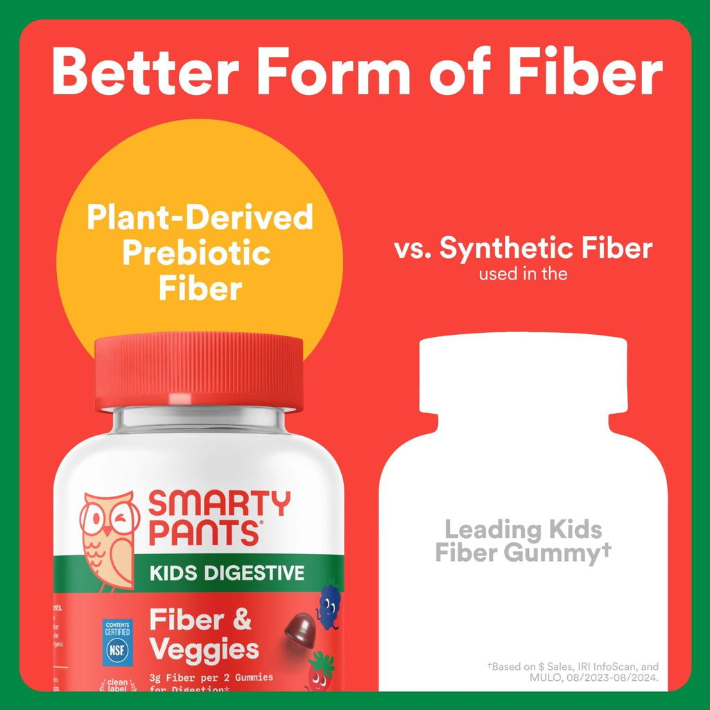 SmartyPants Kids Fiber & Veggies: Prebiotic Fiber Gummies for Kids, Fiber Supplement with Inulin, Organic Green Veggie Blend, Vegan, Gluten Free, Mixed Berry Flavor, 60 Count (30 Day Supply)