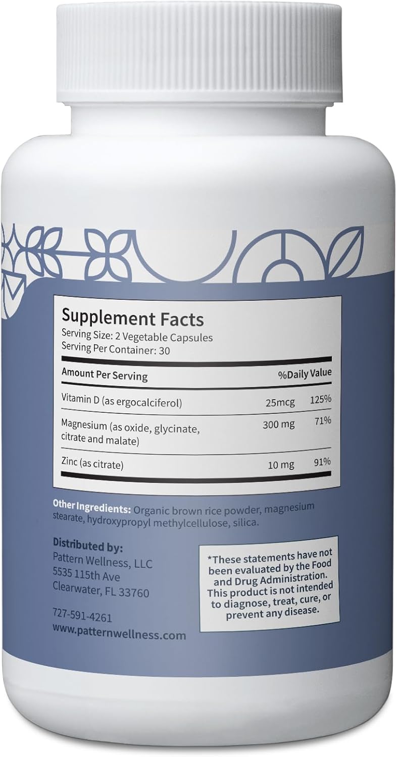Pattern Wellness Magnesium Complex - Natural Sleep + Mood Support, Bone + Muscle Health, Overall Wellness - Added Zinc - 60 Vegan Capsules
