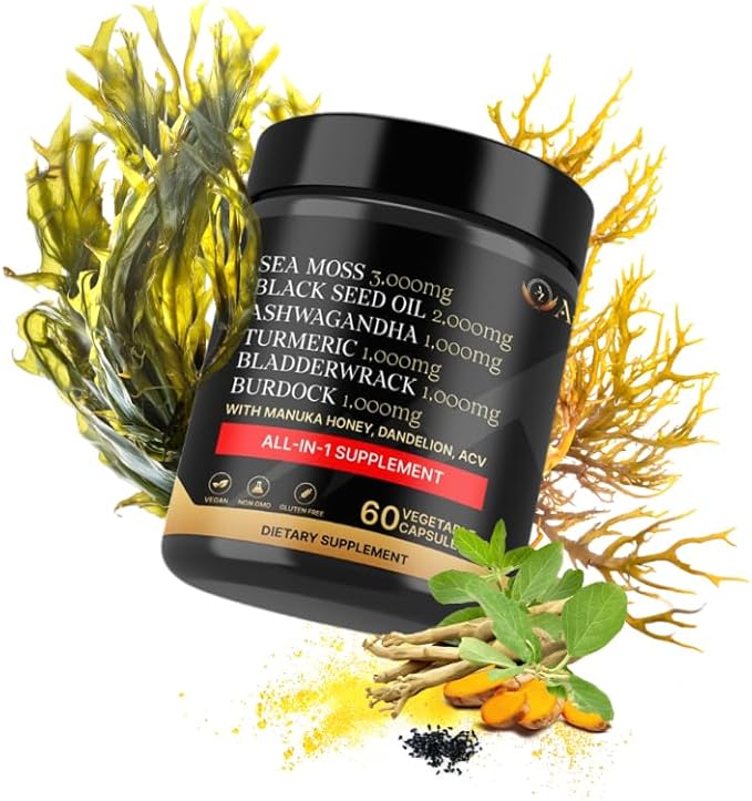 True Sea Moss Black Seed Oil Ashwagandha Burdock Root, Tumeric Supplement with Manuka Honey, Dandelion Root ACV - 60 Capsules - Multi Vitamin