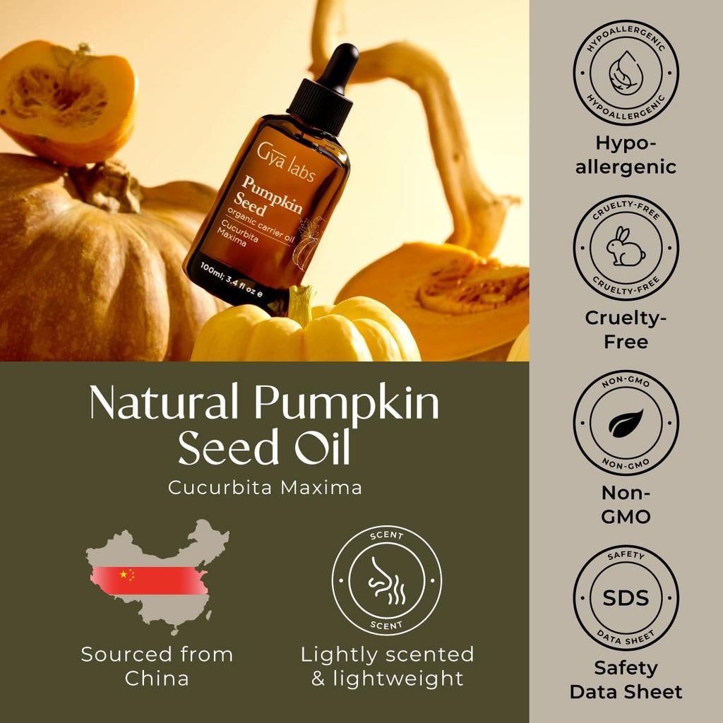 Gya Labs Organic Pumpkin Seed Oil for Hair - 100% Pure Natural Unrefined Pumpkin Carrier Oil for Skin, Face - Nourishing & Strengthening (3.4 Fl Oz)