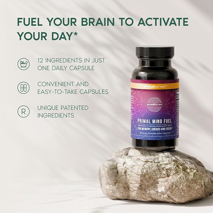 Primal Harvest Brain Supplement, Primal Mind Fuel Brain Booster for Focus, Energy, Clarity, Memory Brain Health 30 Capsules Nootropics Brain Support Supplement for Men and Women (2 Pack (30 Count))