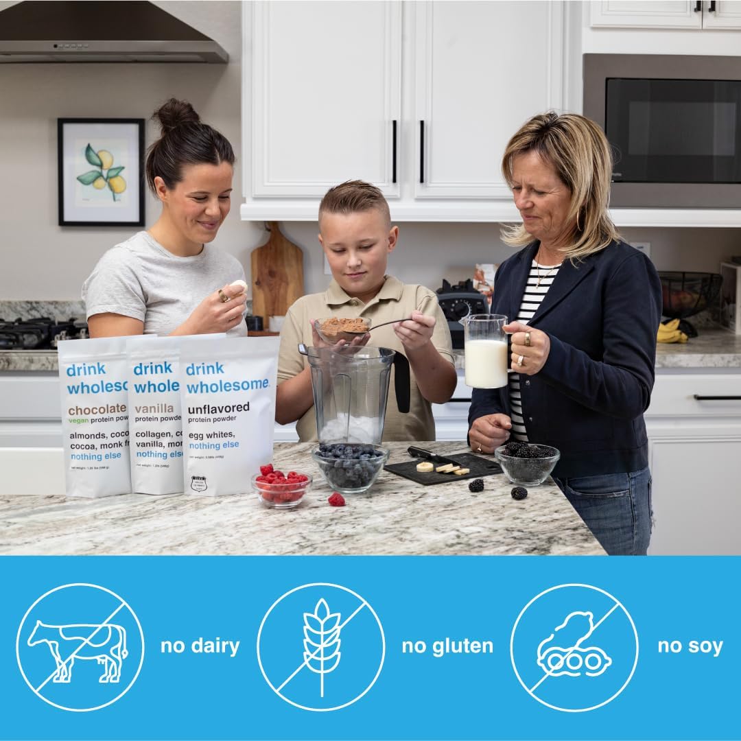 drink wholesome Chocolate Collagen Protein Powder | for Sensitive Stomachs | Gut Friendly | Additive & Dairy Free | No Artificial Sweeteners | No Bloating, Farts or Gas | No Constipation or Diarrhea