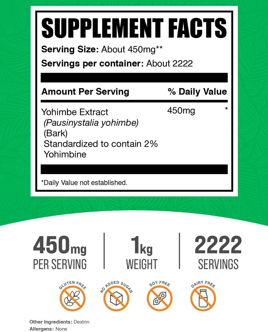BulkSupplements.com Yohimbe Extract Powder - Yohimbe Bark Extract - Herbal Supplement, Gluten Free, 450mg per Serving, 1kg (2.2 lbs) (Pack of 1)