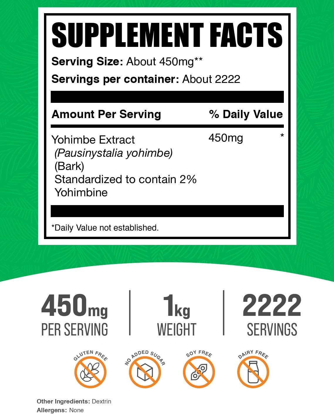 BulkSupplements.com Yohimbe Extract Powder - Yohimbe Bark Extract - Herbal Supplement, Gluten Free, 450mg per Serving, 1kg (2.2 lbs) (Pack of 1)