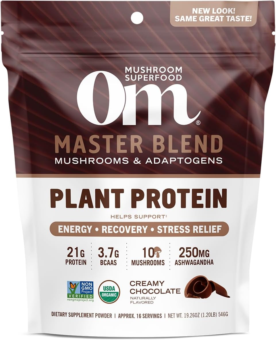 OM MUSHROOM SUPERFOOD Master Blend Creamy Chocolate Protein Powder, 16 Servings, Plant-Based with 10 Mushroom Complex for Recovery & Energy, GLP-1 Support