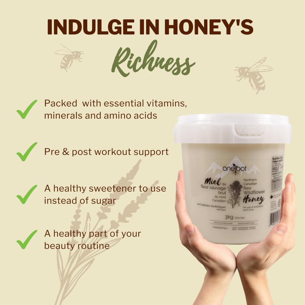 Oneroot 100% Canadian Wildflower Honey - 6.6 lbs, Unheated & Creamed - Nutrient-Rich, Natural Sweetener with Enzymes - Thick & Pure Raw Unfiltered Honey