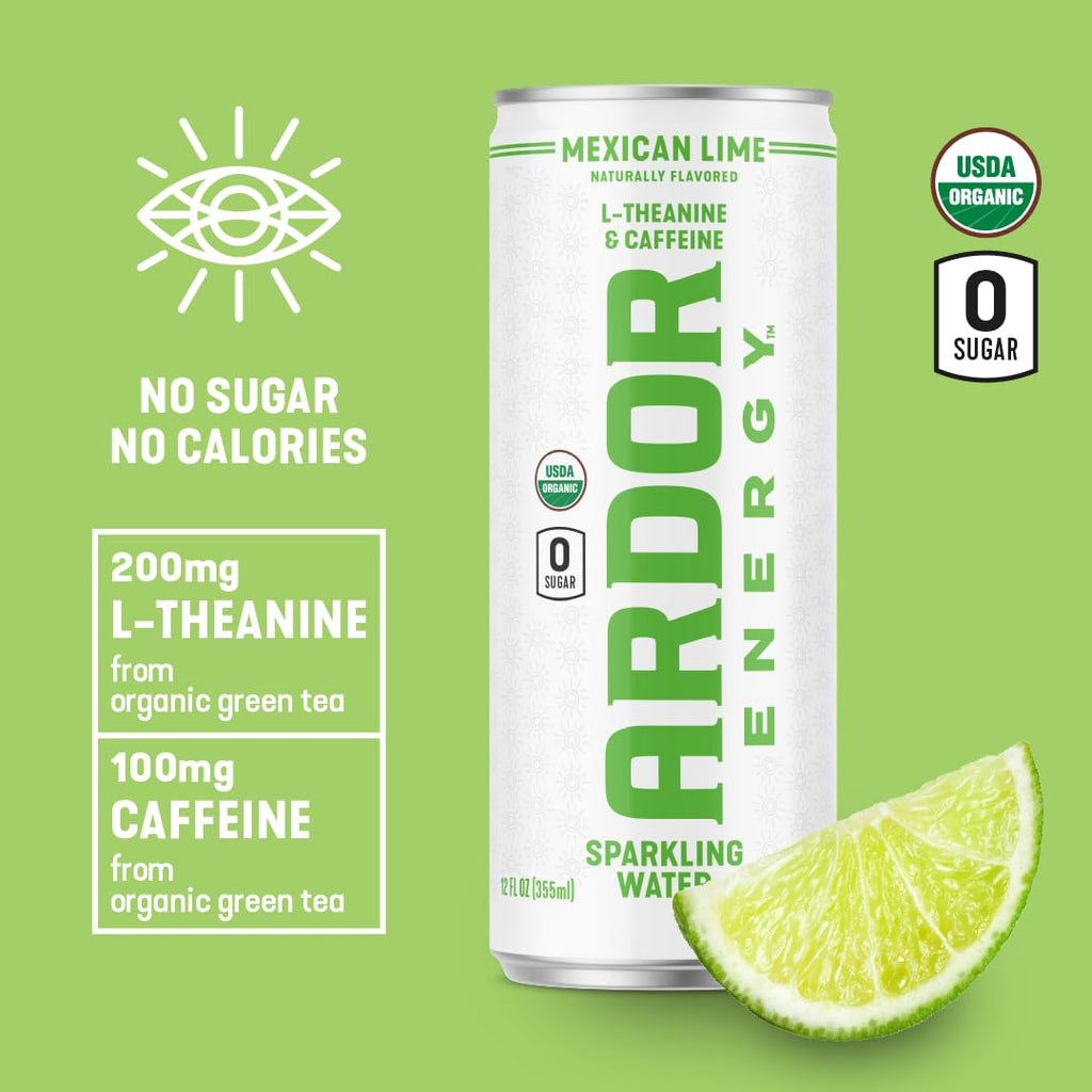 ARDOR Sparkling Water with 100mg Natural Caffeine & 200mg L-Theanine from Organic Green Tea for Smooth Energy & Focus | No Sugar, 0 Calories | Vegan, Gluten-Free | Mexican Lime - 12 Ct