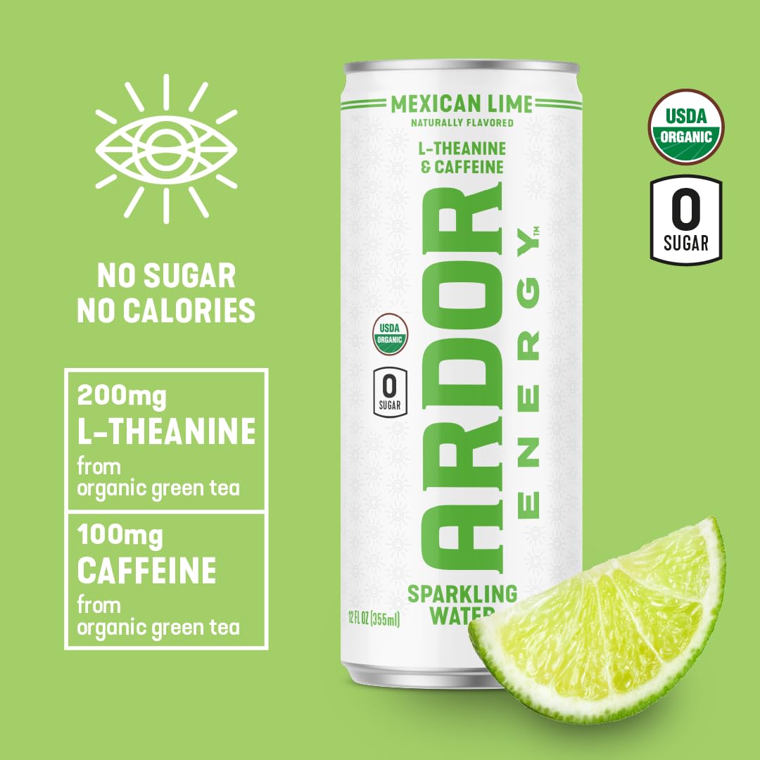 ARDOR Sparkling Water with 100mg Natural Caffeine & 200mg L-Theanine from Organic Green Tea for Smooth Energy & Focus | No Sugar, 0 Calories | Vegan, Gluten-Free | Mexican Lime - 12 Ct