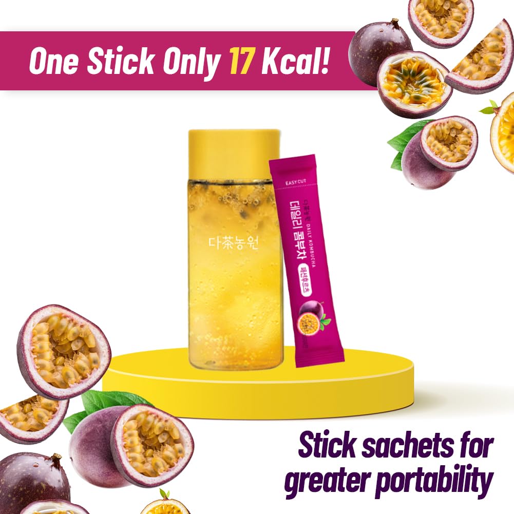 KAYFOOD-Kombucha-Passionfruit-Garden-Daily 20 Sticks with Gift Bottle Zero Sugar, Diet, Gut Healthy Sparkling Beverage, Fermented Korean Drinks for Iced, Hot, Workout Tea 3.52oz (100g)
