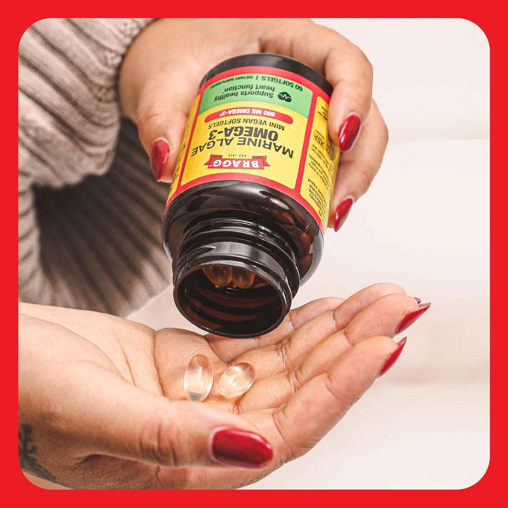 Bragg Omega-3 Supplement Capsules with DHA and EPA - 60 Vegan Softgels - Sustainably-Sourced Marine Algae - Supports Eye and Brain Health