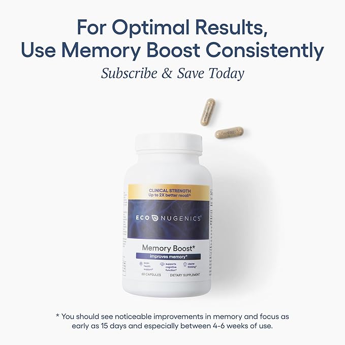 EcoNugenics Memory Boost Supplement – Clinically Studied Ingredients to Support Brain Focus & Health – Nootropic Formula with Bacopa Monnieri, Boswellia Serrata & Ginkgo Biloba Extract – 60 Capsules